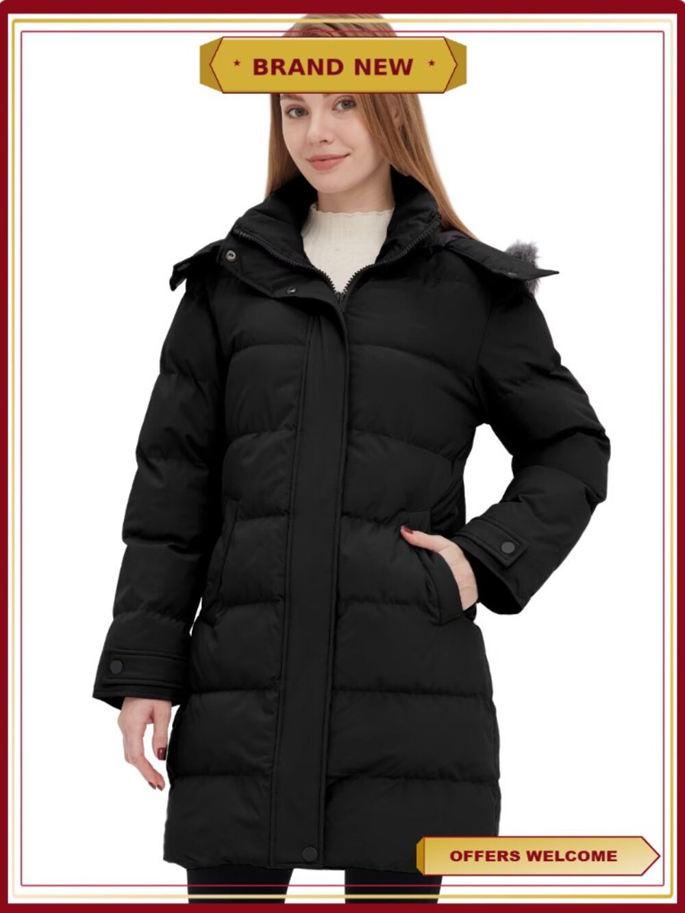 Recycled Quilted Winter Parka Coat Hooded Windproof Warm Insulated - Picture 2 of 8
